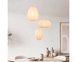 LumenXL - 3-lichts Japandi hanglamp Fabrica met stoffen lampionnen - warm beige met roze ondertoon