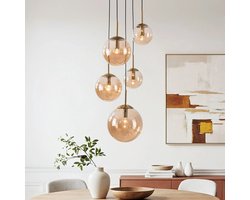 LumenXL - 5-lichts hanglamp Marui - amber glazen bollen - gouden accenten