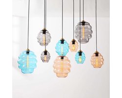 LumenXL Design hanglamp Zavari - 9 glazen bollen in amber, smoke - blauw