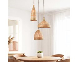 LumenXL Hanglamp Aska - rotan - drie natuurlijke kappen - houten plafondplaat