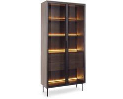 Lumi 2d2s - hoge vitrinekast - gehard glas - zwarte metalen poten - 2 deuren - met planken - met 2 lades - grote ruime vitrinekast voor de woonkamer - met ledverlichting - 91,5 x 194,6 x 39,3 cm