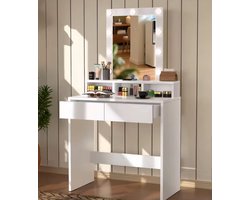 LumiÉluxe® Make-up Tafel met LED Spiegel – Witte Kaptafel met Lades & Opbergruimte – 80x40x145cm – Make-up Bureau met Verlichting – Vanity Set voor Slaapkamer