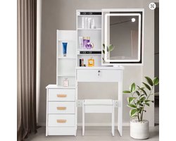 Lumièra Home® Kaptafel met LED Spiegel – Moderne Make-up Tafel met Lades, Opbergvakken & Kruk – Witte Schminktafel met Verlichting