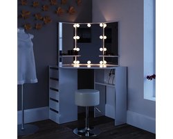“Lumière Corner Vanity Set” – Modern White Dressing Table with Mirror, LED Lighting & Stool – Space-Saving Makeup Table with 5 Drawers & Shelves – Elegant Corner Design 110×141×54 cm IndustrialHome