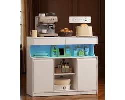 Lumière Luxe Sideboard – Moderne keuken- en buffetskast met 2 Schubladen, 2 Deuren, Verstelbare Planken, 2 AC & 2 USB Aansluitingen en LED Licht voor Keuken, Esskamer en Woonkamer – 35×100×85 cm – Wit- NoviHome