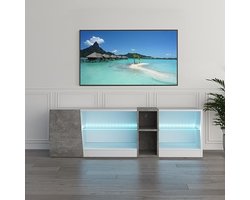 LumiGlow Modern LED TV-Meubel met 5 Open Vakken, Opbergkast en RGB Verlichting – 140 x 45 x 37,5 cm, geschikt voor 55 inch TV, wit/grijs