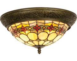 LumiLamp Plafondlamp Tiffany Ø 38x19 cm Beige Rood Glas Driehoek Roos Plafonniere