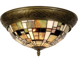 LumiLamp Plafondlamp Tiffany Ø 38x19 cm Groen Bruin Kunststof Glas Driehoek Plafonniere