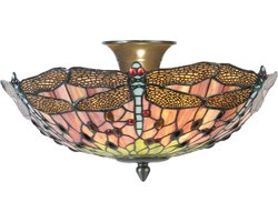 LumiLamp Plafondlamp Tiffany Ø 40x23 cm Roze Metaal Glas Halfrond Libelle Plafonniere