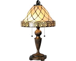 LumiLamp Tiffany Tafellamp Ø 36x62 cm Beige Bruin Glas Driehoek Tiffany Bureaulamp