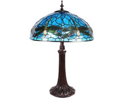 LumiLamp Tiffany Tafellamp Ø 41x57 cm Blauw Metaal Glas Libelle Tiffany Bureaulamp