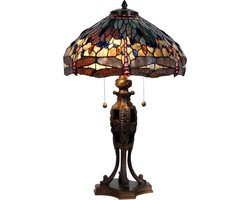 LumiLamp Tiffany Tafellamp Ø 42x64 cm Blauw Bruin Glas Driehoek Libelle Tiffany Bureaulamp