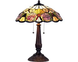 LumiLamp Tiffany Tafellamp Ø 44x57 cm Geel Groen Glas Driehoek Bloemen Tiffany Bureaulamp