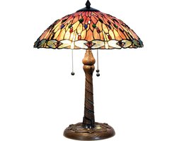 LumiLamp Tiffany Tafellamp Ø 45x56 cm Rood Beige Glas Driehoek Libelle Tiffany Bureaulamp