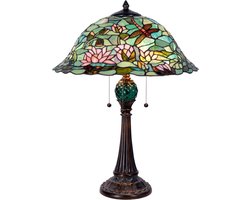 LumiLamp Tiffany Tafellamp Ø 47x60 cm Groen Bruin Glas Driehoek Libelle Tiffany Bureaulamp