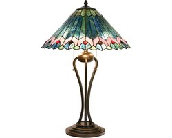LumiLamp Tiffany Tafellamp Ø 48x73 cm Groen Roze Glas Driehoek Tiffany Bureaulamp