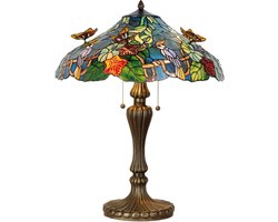 LumiLamp Tiffany Tafellamp Ø 52x65 cm Blauw Groen Glas Driehoek Vlinder Tiffany Bureaulamp