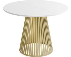 Lumina Round-to-Oval Verlengbare Eettafel – Industrieel Design met Verticale Gouden Latten – Uitschuifbaar van 100 naar 180 cm – Wit Tafelblad met Metalen Kegelframe