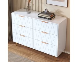 Luminarix Ladekast met 6 laden , ruitvormige afwerking, Multifunctionele Kast, gouden poten, geschikt voor woon- en slaapkamers, 100 x 34 x 72,5 cm, wit