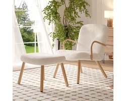 Luminarix Scandinavische stijl Fauteuil - Fauteuil met voetenbankje - Loungestoel - Massief houten poten - 64 x 67 x 82 cm - Lamswol - Beige