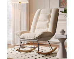 Luminarix Schommelstoel, loungestoel, gewatteerde zitting, verstelbare rugleuning, Scandinavische stijl, poten van hout en metaal, 63 x 90 x 92 cm, linnen en technische stof, beige