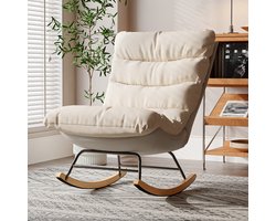 Luminarix Schommelstoel, loungestoel, gewatteerde zitting, verstelbare rugleuning, Scandinavische stijl, poten van hout en metaal, 72 x 83 x 93 cm, linnen en technische stof, beige