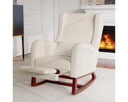 Luminarix Schommelstoel met voetenbankje - Fauteuil - Loungestoel - Woonkamer Schommelstoel met lendenkussen en zijzakken - Massief houten poten - Katoenen en linnen stof - Beige