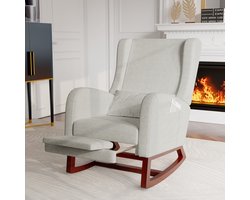 Luminarix Schommelstoel met voetenbankje - Fauteuil - Loungestoel - Woonkamer Schommelstoel met lendenkussen en zijzakken - Massief houten poten - Katoenen en linnen stof - Grijs