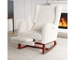 Luminarix Schommelstoel met voetenbankje - Fauteuil - Loungestoel - Woonkamer Schommelstoel met lendenkussen en zijzakken - Massief houten poten - Teddy fluweel - Beige