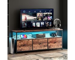 Luminarix TV-kast met LED, TV-meubel , Woonkamer TV-standaard met 3 lades , Stoffen lades en metalen frame, houten tafelblad,137 x 29,8 x 57 cm,Bruin