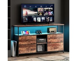 Luminarix TV-kast met LED, TV-meubel , Woonkamer TV-standaard met 4 lades , Stoffen lades en metalen frame, houten tafelblad,137 x 29,8 x 78 cm,Bruin