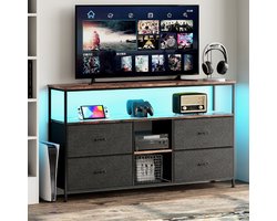 Luminarix TV-kast met LED, TV-meubel , Woonkamer TV-standaard met 4 lades , Stoffen lades en metalen frame, houten tafelblad,137 x 29,8 x 78 cm,Zwart