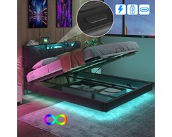 Luminarix Tweepersoonsbed 140x200 cm - Zwevend bed met LED - USB/Type C - Gestoffeerd Bed - Jongerenbed - Hoofdbord met Opbergruimte - PU - Zwart