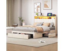 Luminarix Tweepersoonsbedden 160x200 cm met LED, Gestoffeerd Bed met 4 lades, USB en Type-C, Hoofdbord met Opbergruimte, beige fluwelen stof