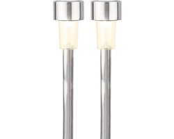 Lumineo buiten prikspot/steker solar - 2x - LED - zilver - H36 cm - warm wit