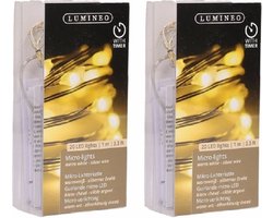 Lumineo Draadverlichting - 2x - zilver - 20 led lampjes - warm wit - 95 cm - timer - lichtsnoer - zilverdraad - kerstverlichting