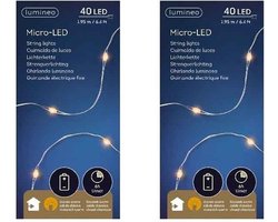 Lumineo draadverlichting lichtsnoer - 2x - zilver - 40 led lampjes - warm wit - 195 cm - timer - kerstverlichting - op batterijen - zilverdraad