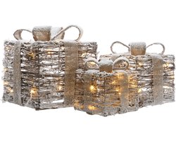 Lumineo - set van 3 besneeuwde geschenken met verlichting - AA baterijen - 65 lichtpunten - met timer