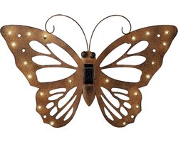 Lumineo tuindecoratie vlinder met solar verlichting - 53 x 35 cm - roestbruin - tuinverlichting