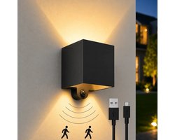 Luminize Buitenlamp met bewegingssensor - Oplaadbare buitenlamp op batterijen - Draadloze wandlamp buiten - USB - Dag en nacht sensor - Kubus - 2700K - Zwart