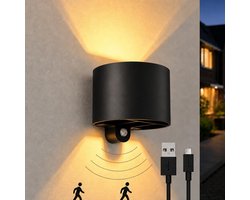 Luminize buitenlamp met bewegingssensor - oplaadbare wandlamp buiten - draadloos en USB oplaadbaar - dag en nacht sensor - tuinverlichting - aluminium - zwart - rond