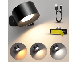Luminize Oplaadbare wandlamp - Draadloze wandlamp op accu - Dimbaar - 3 lichtkleuren - Touch - 360 graden draaibaar - USB-C - Zwart