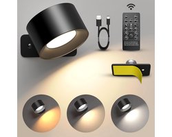 Luminize oplaadbare wandlamp met afstandsbediening - dimbare wandlamp binnen - draadloos op accu - 3 lichtkleuren - USB oplaadbaar - zwart