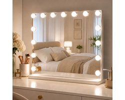 Lumirex Hollywood Spiegel 58x46 cm - Make-up Spiegel met Verlichting - 15 LED Lampen - Dimbaar - 3 Lichtkleuren - Smart Touch - Netstroom - Visagie Spiegel - Wit