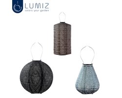 Lumiz Solar Buitenlamp - Buitenverlichting - Lampion - Buitenverlichting zonne energie - Solar Tuinverlichting - Bramdean Set - 3 stuks - Taupe - Grijs Blauw - Zwart