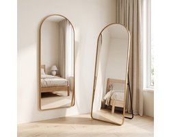 Lumoire® Luxe Passpiegel 160x60 cm – Grote Boogspiegel Staand & Wand – Moderne Toogspiegel – Minimalistische Design Spiegel met Metalen Rand – Goud
