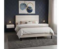 Luna Comfort Deluxe Bed 140x200 cm – Luxe Gevoerd Platformbed met Hoofdeinde | Modern Crème Off-White Slaapkamerbed | Stabiel Metaal & Houten Lattenbodem | Geen Boxspring Nodig | Eenvoudige Montage & 5 Jaar Garantie – Medahomestore
