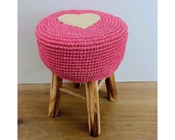 Luna-Leena duurzaam houten krukje + hoes hart roze - katoen - H40cm x 30ø cm - hand gehaakt in Nepal - kinderstoel - kinderkruk - love - stoel - kids decoration stool - heart - valenijn - kinderkamer - landelijk