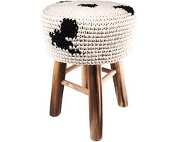 Luna-Leena duurzaam houten krukje /stoel met een koeien print hoes van katoen - zwart wit - hand gehaakt in Nepal - kinderstoel - kinderkruk - koeienhuid - kruk - kids decoration stool - cow print - landelijk