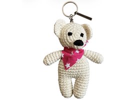 Luna-Leena duurzame beer tas bedel / bag charm + bandana slab - off white - bio katoen - L12cm - hand gehaakt in Nepal - beertje - cadeau - trendy accessoires - bear hanger - tas accessoires